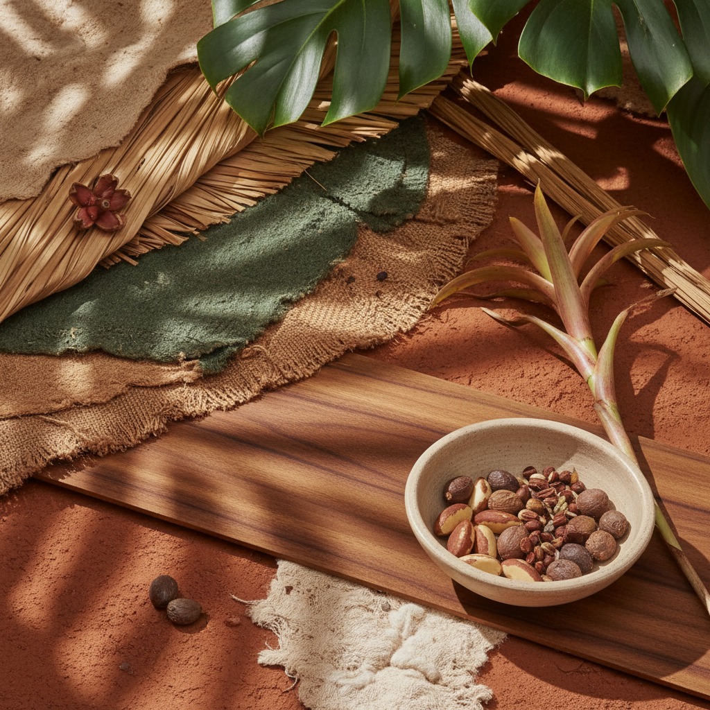A ceramic bowl filled with various nuts and seeds rests on a wooden board surrounded by earthy textures and natural elements like dried leaves and reddish soil.